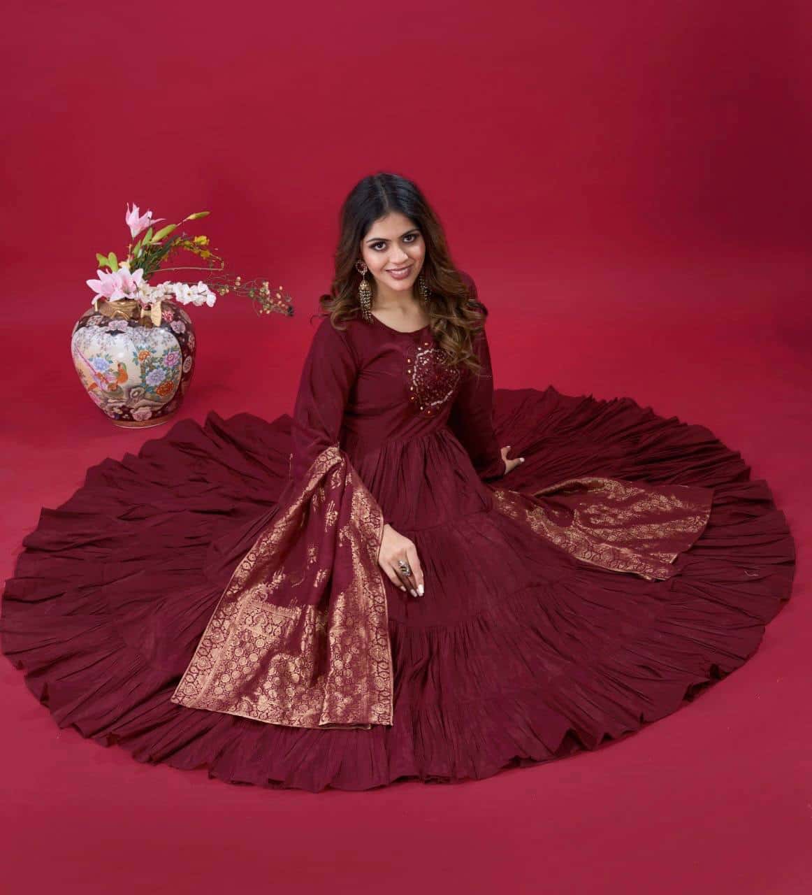 "Luxurious Embroidered Roman Silk Gown with Muslin Jacquard Dupatta & Micro Cotton Inner"