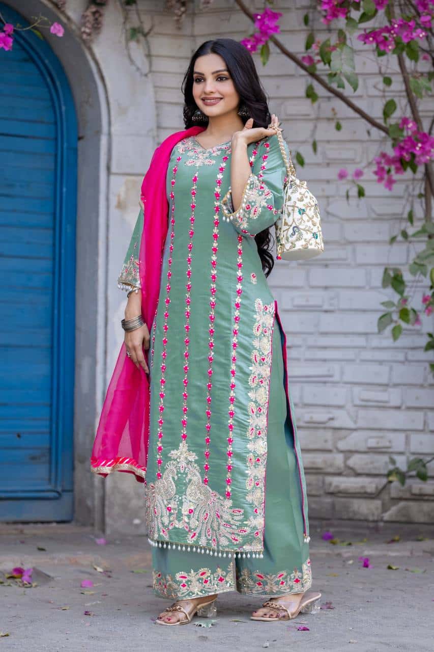 "Luxurious Heavy Roman Silk Top & Plazzo Set with Fancy Handwork & Organza Dupatta"