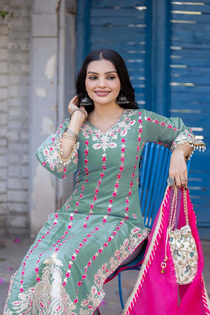 "Luxurious Heavy Roman Silk Top & Plazzo Set with Fancy Handwork & Organza Dupatta"