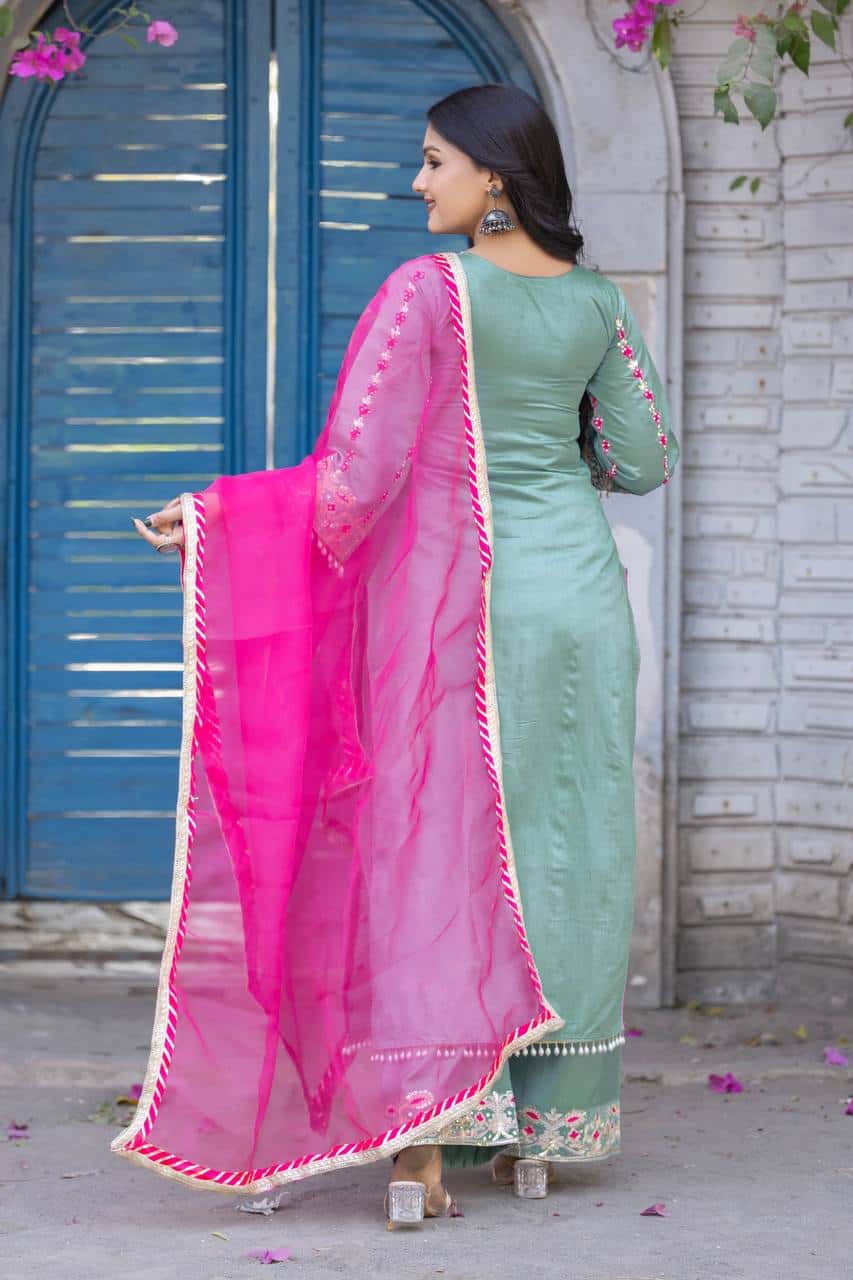 "Luxurious Heavy Roman Silk Top & Plazzo Set with Fancy Handwork & Organza Dupatta"