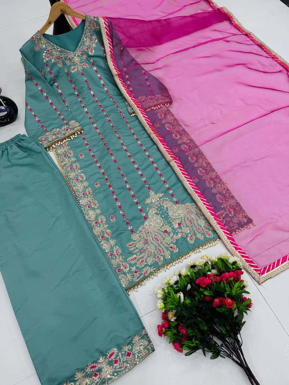 "Luxurious Heavy Roman Silk Top & Plazzo Set with Fancy Handwork & Organza Dupatta"
