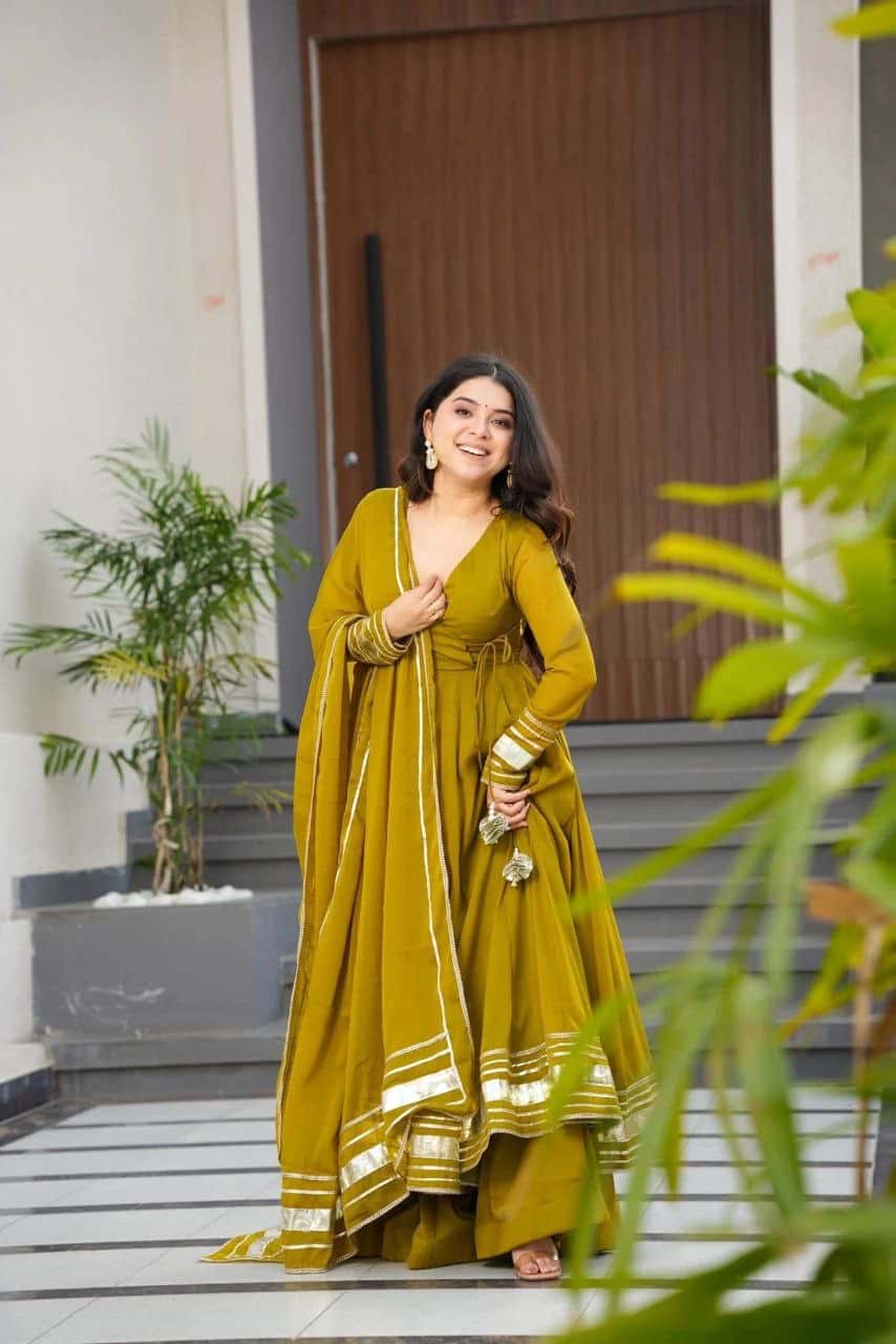 "Elegant Mustard Yellow Pure Fox Georgette Gown Set with Butter Crepe Pant and Gotta Patti Dupatta"