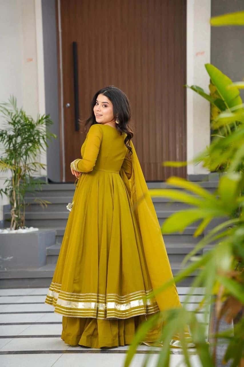"Elegant Mustard Yellow Pure Fox Georgette Gown Set with Butter Crepe Pant and Gotta Patti Dupatta"