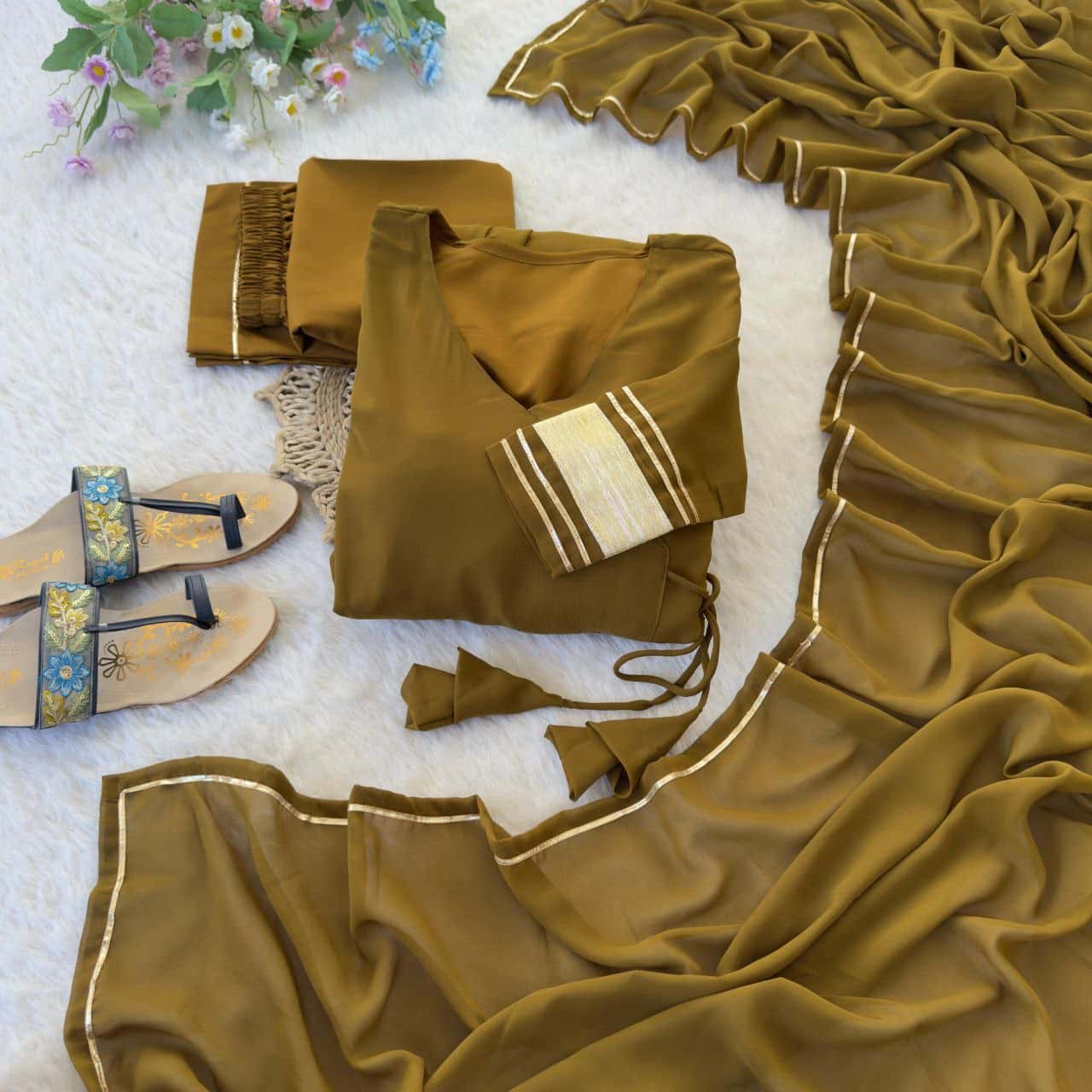 "Elegant Mustard Yellow Pure Fox Georgette Gown Set with Butter Crepe Pant and Gotta Patti Dupatta"
