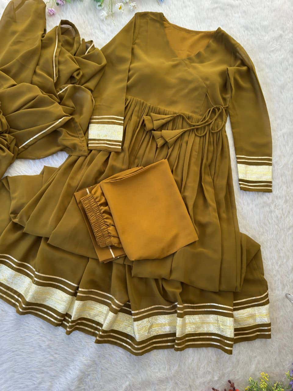 "Elegant Mustard Yellow Pure Fox Georgette Gown Set with Butter Crepe Pant and Gotta Patti Dupatta"