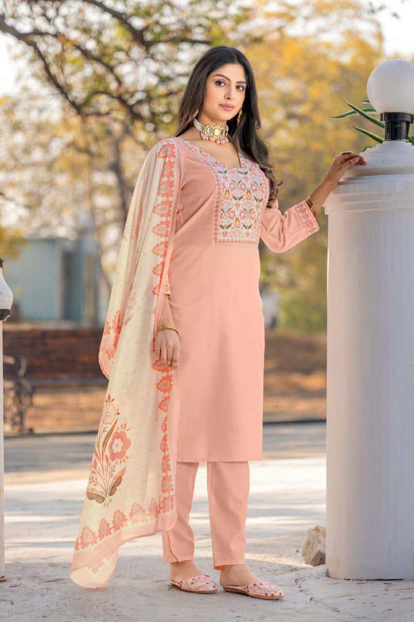 "Peach Cotton Embroidered V-Neck Straight Kurti with Divider Plaza & Printed Mal Cotton Dupatta"