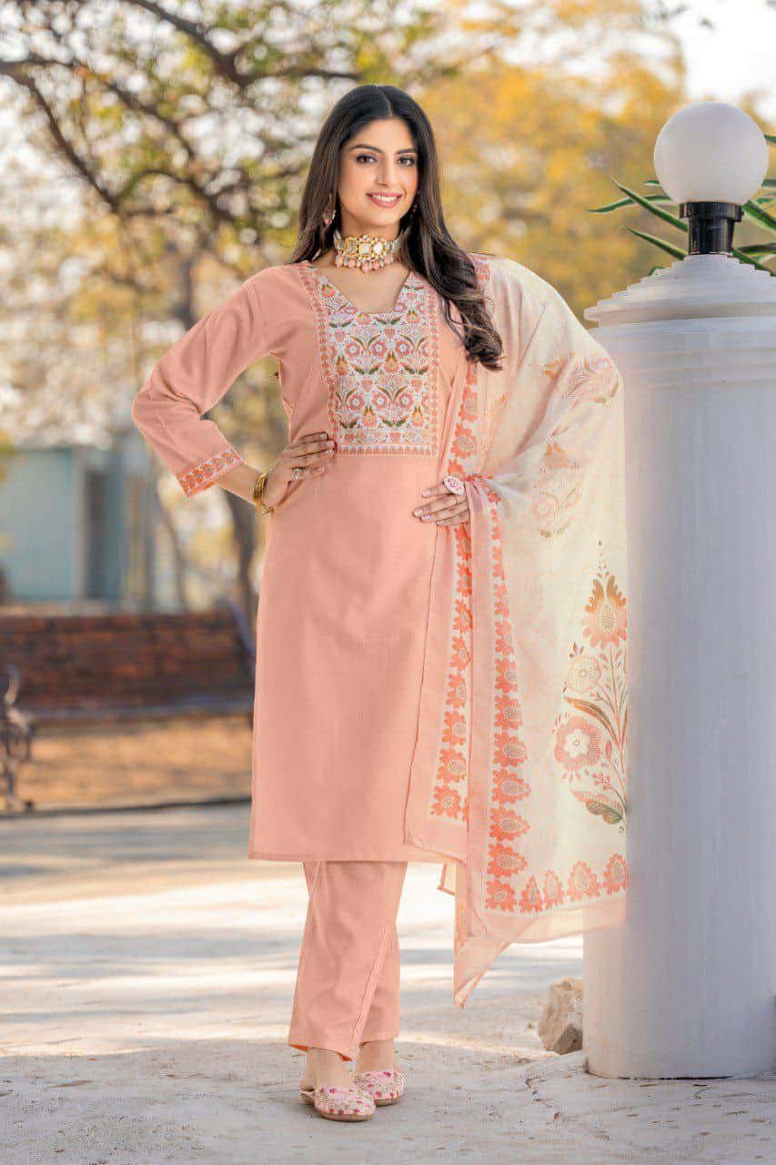 "Peach Cotton Embroidered V-Neck Straight Kurti with Divider Plaza & Printed Mal Cotton Dupatta"