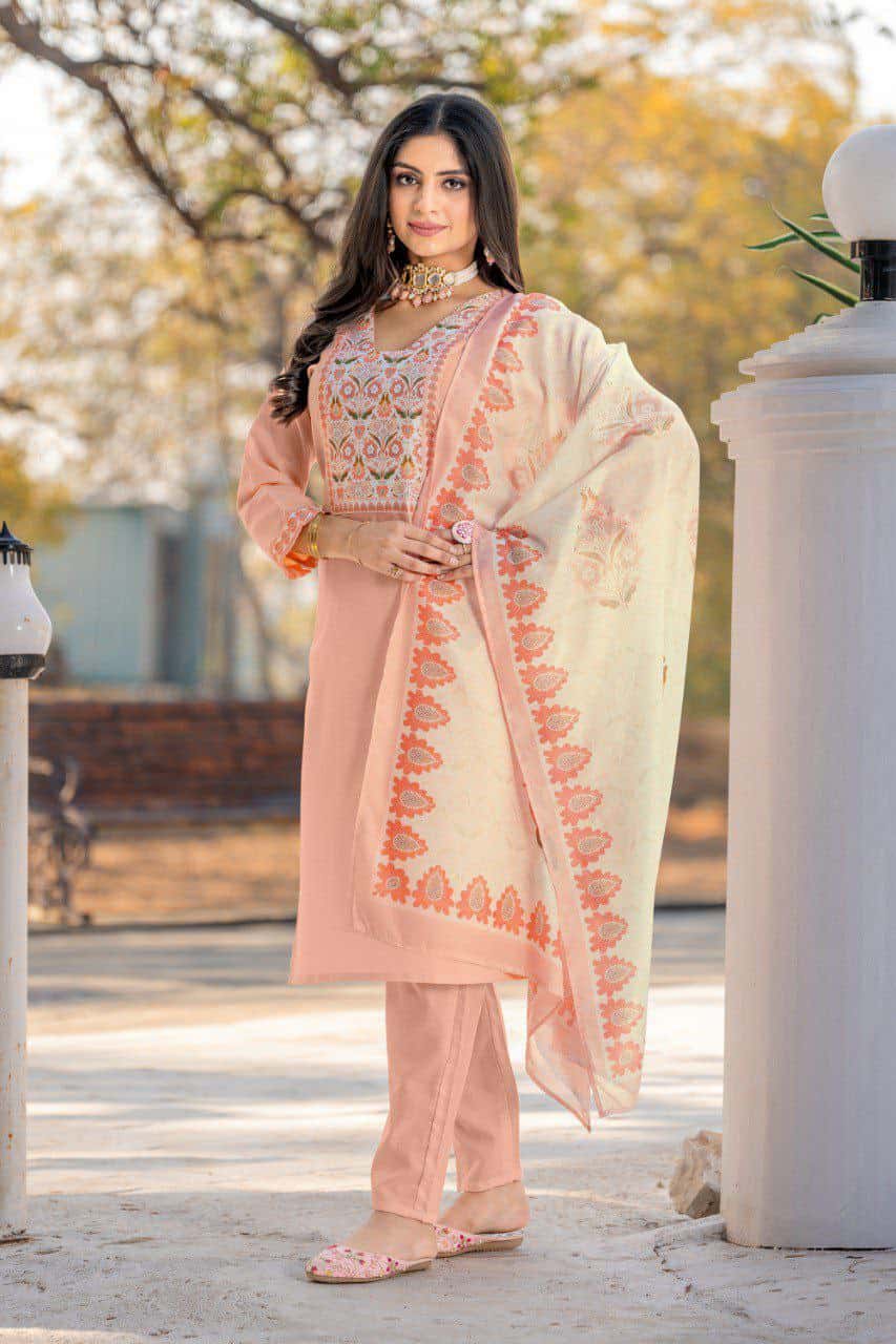 "Peach Cotton Embroidered V-Neck Straight Kurti with Divider Plaza & Printed Mal Cotton Dupatta"
