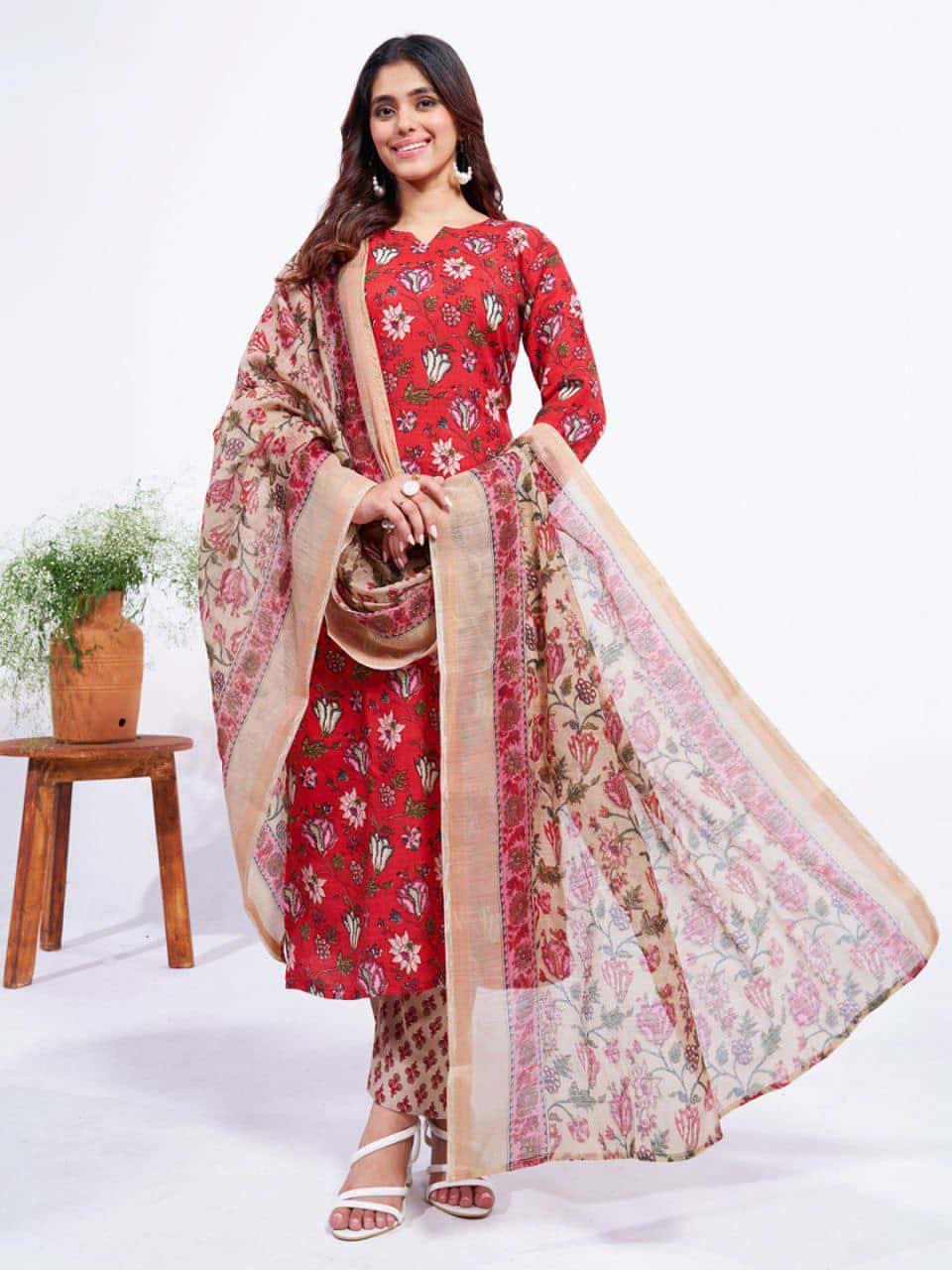 "Red Cotton Blend Printed Kurti, Pant & Dupatta Set"
