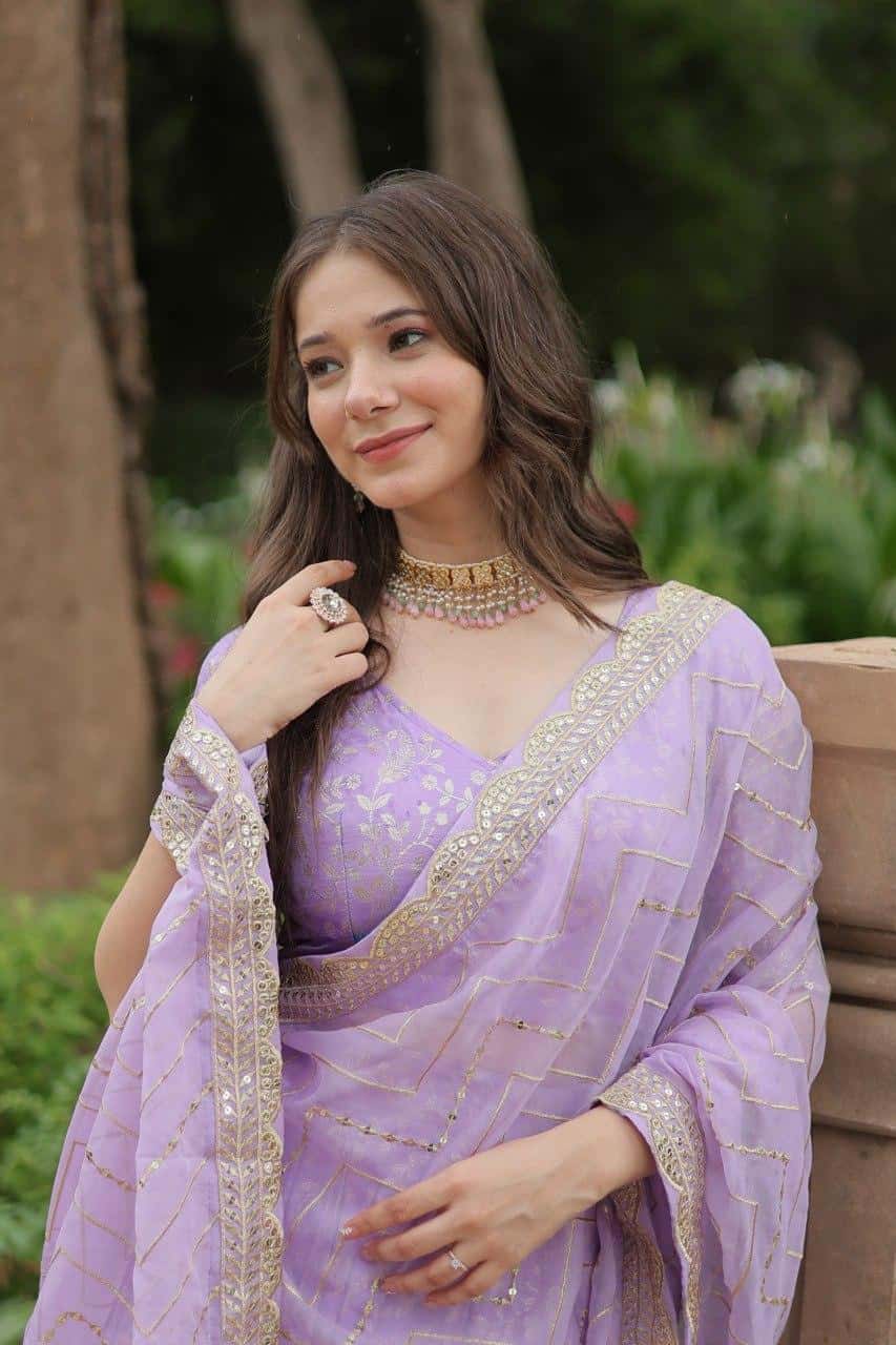 Pure Dyable Viscose Jacquard with Golden Embroidered Sequins Work Lehenga with Blouse