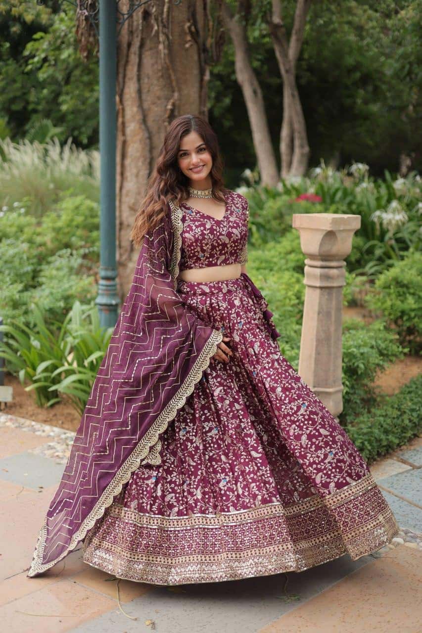 Pure Dyable Viscose Jacquard with Golden Embroidered Sequins Work Lehenga with Blouse