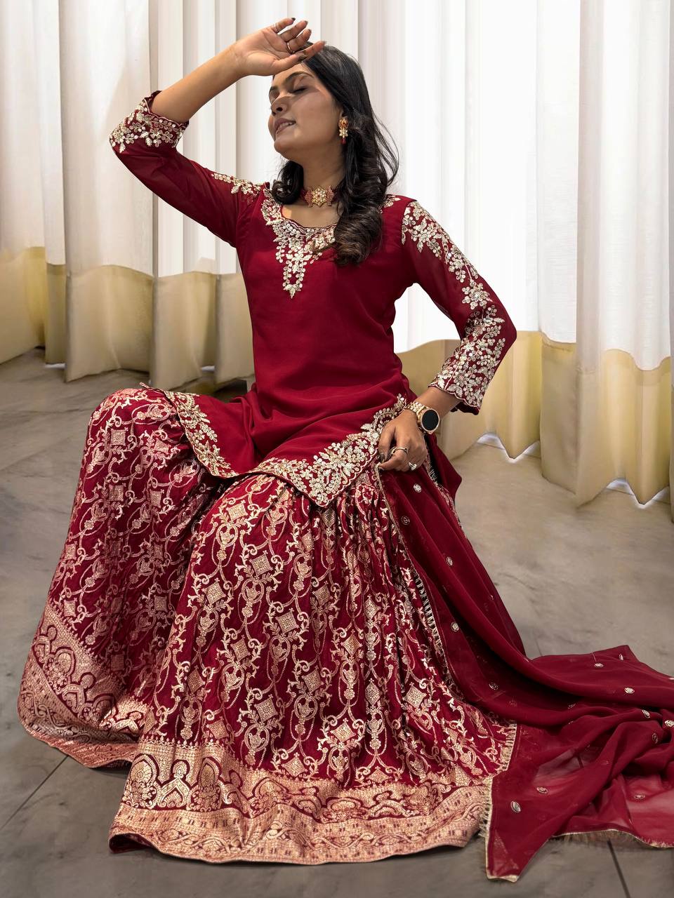 Wedding wear heavy red kurta Jacquard Silk sharara suit sets