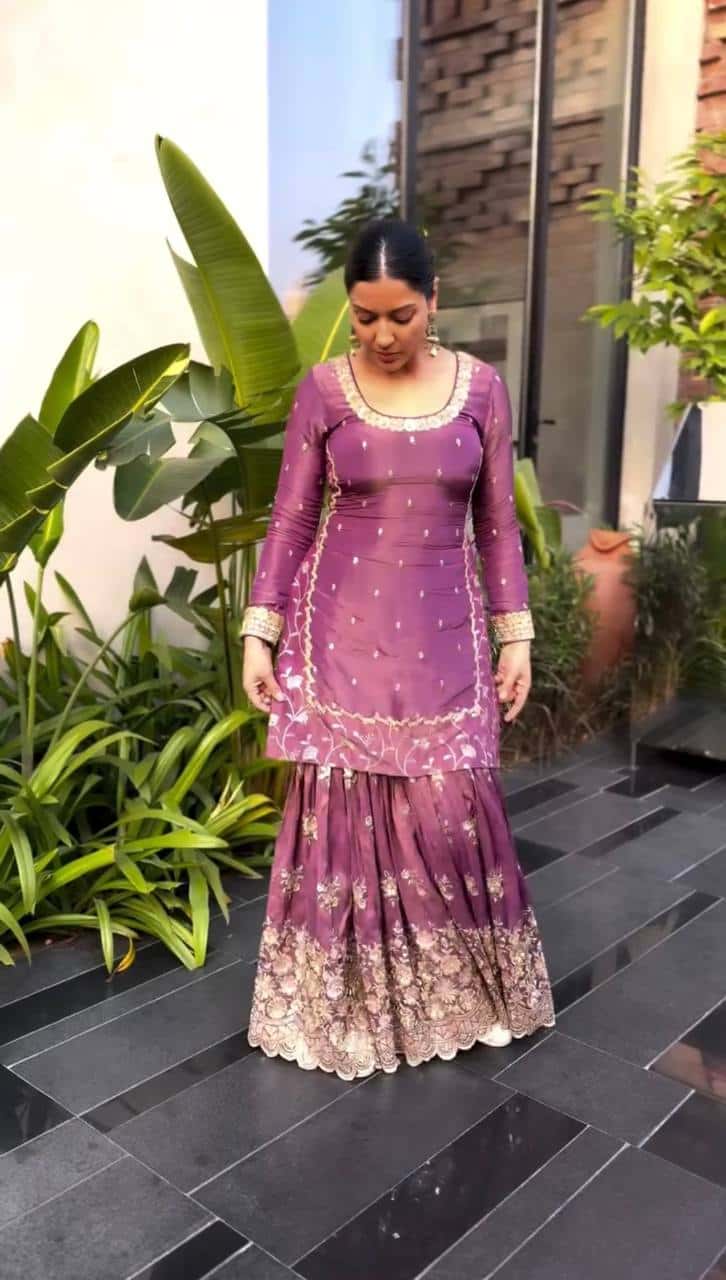 Elegant Embroidered Twill Net Set: Top, Plazzo, and Dupatta