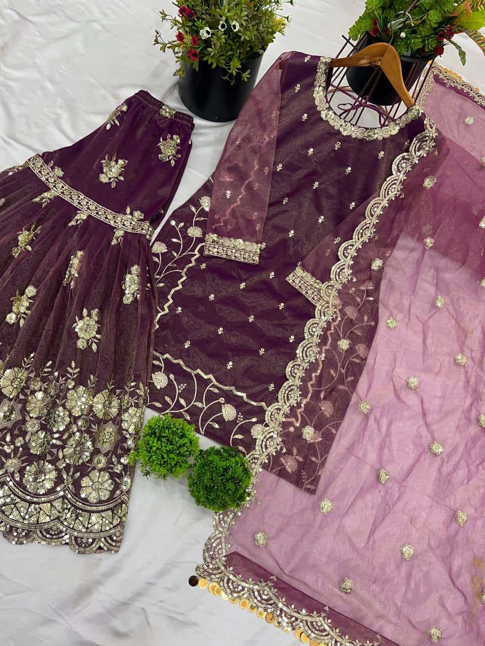 Elegant Embroidered Twill Net Set: Top, Plazzo, and Dupatta