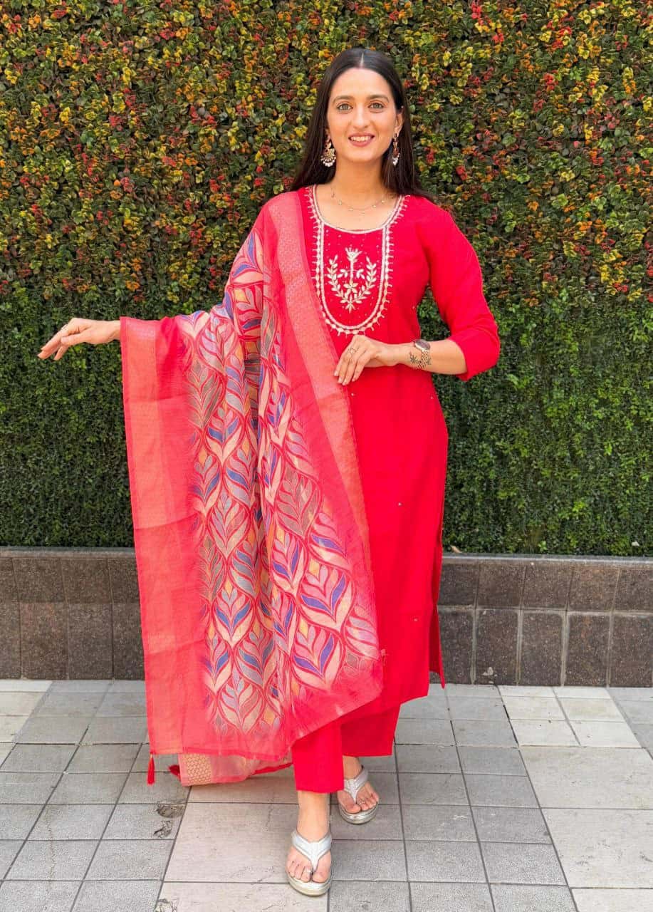 "Premium Red Roman Silk Dress with Heavy Chanderi Dupatta and Handwork"