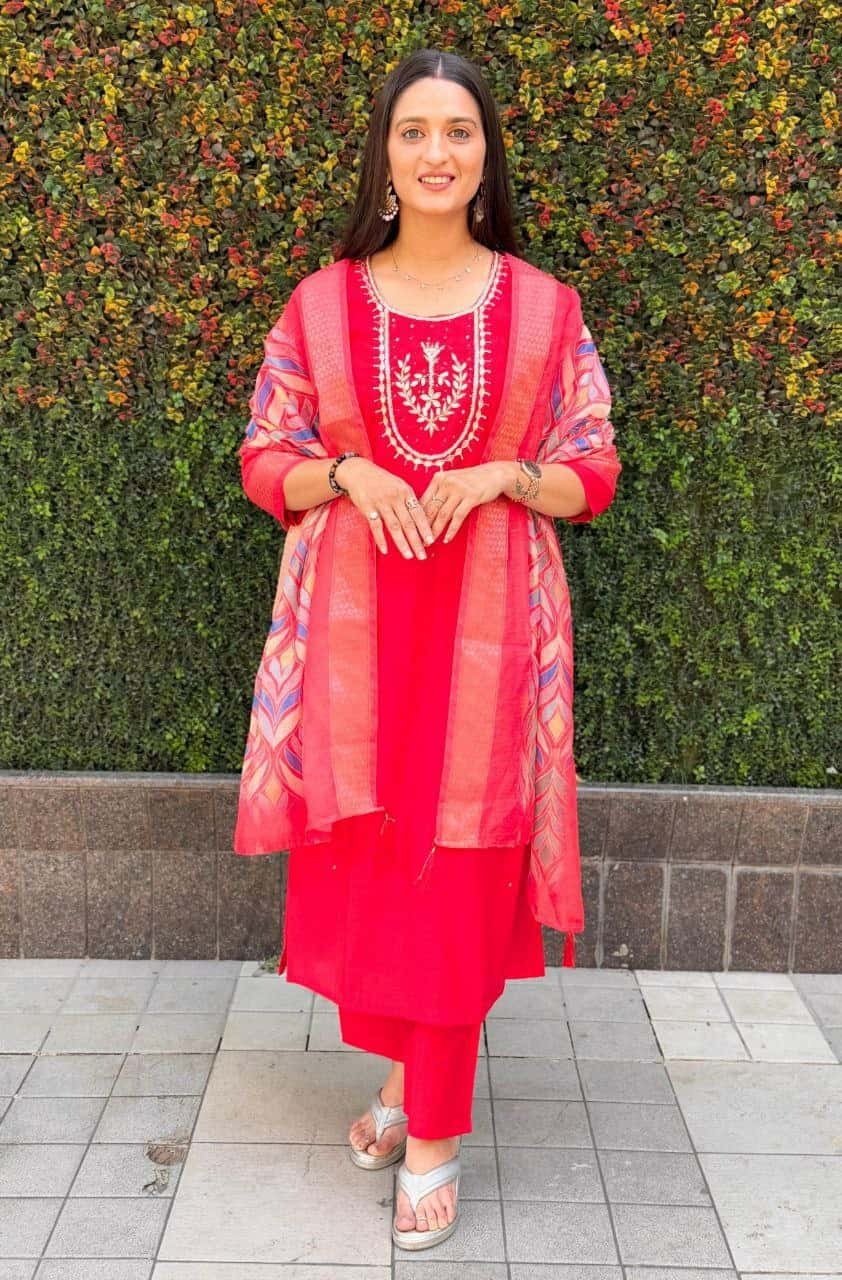 "Premium Red Roman Silk Dress with Heavy Chanderi Dupatta and Handwork"