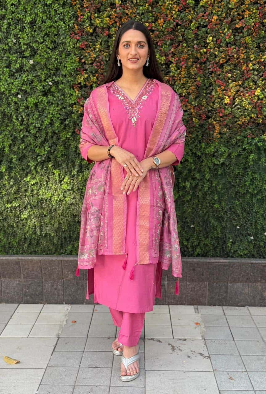 "Rouge Premium Roman Silk Dress with Heavy Chanderi Dupatta and Handwork"