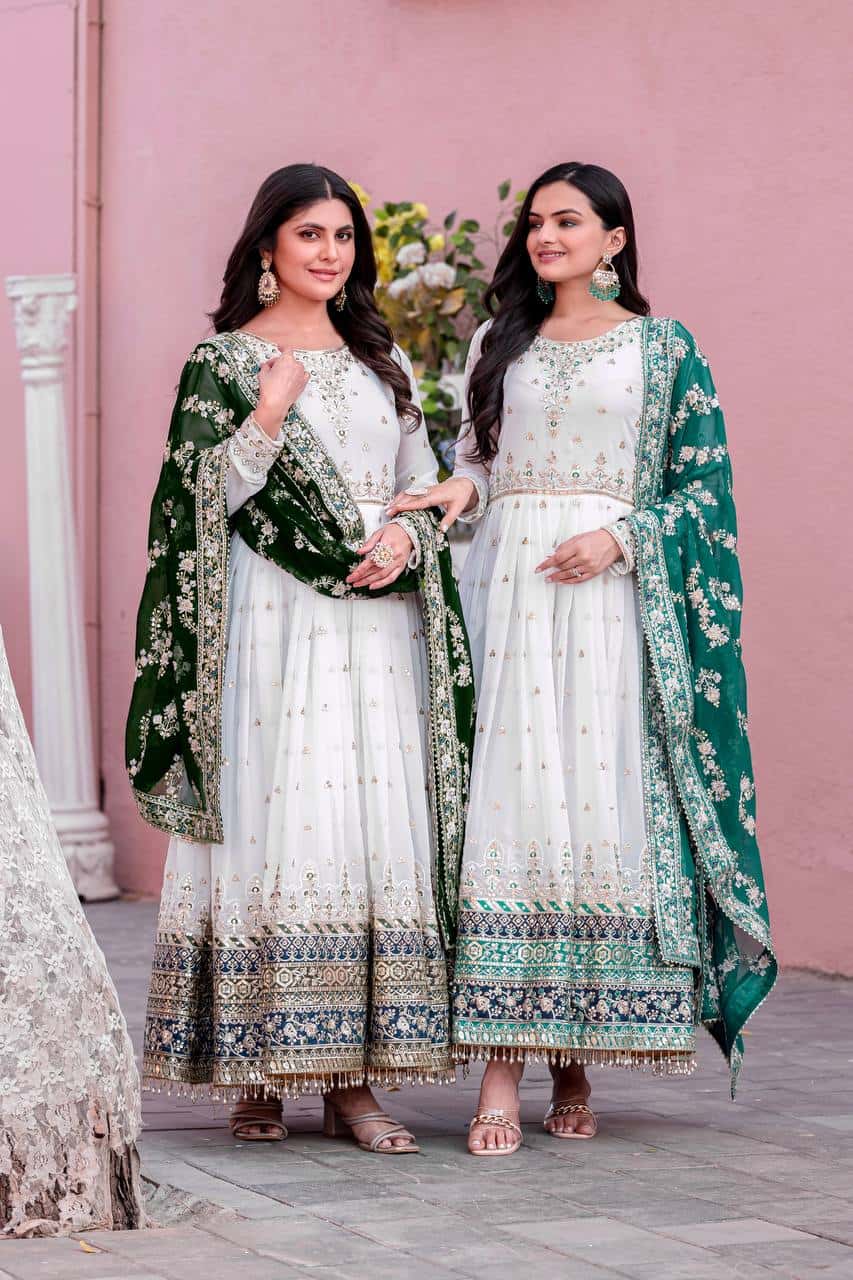 "Luxurious Embroidered Faux Georgette Gown Set with Dupatta & Bottom – Sequins & Tassels Detail "