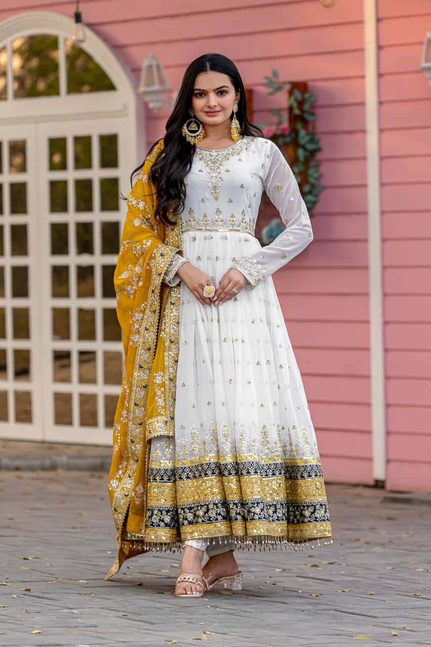 "Luxurious Embroidered Faux Georgette Gown Set with Dupatta & Bottom – Sequins & Tassels Detail "