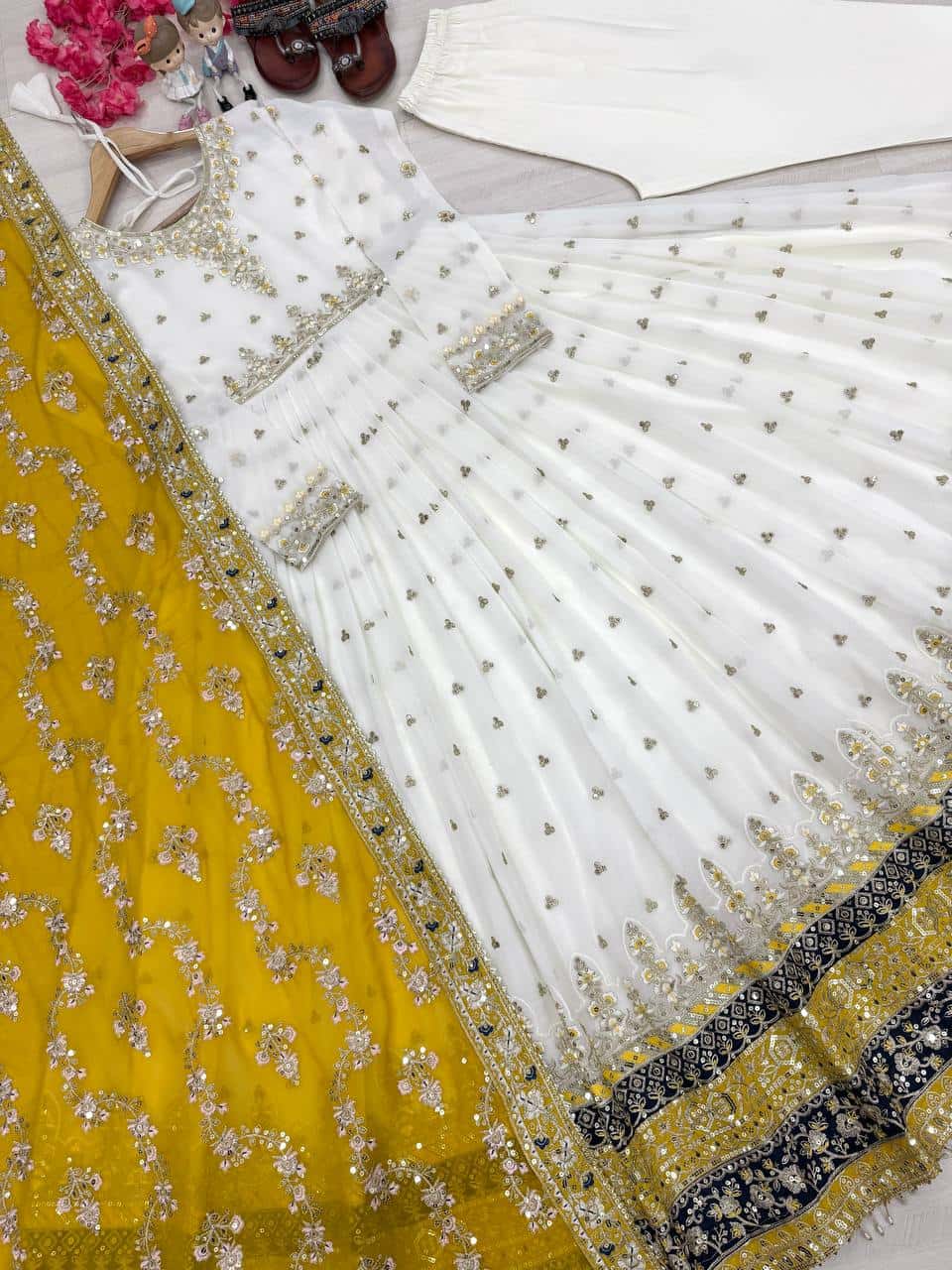 "Luxurious Embroidered Faux Georgette Gown Set with Dupatta & Bottom – Sequins & Tassels Detail "