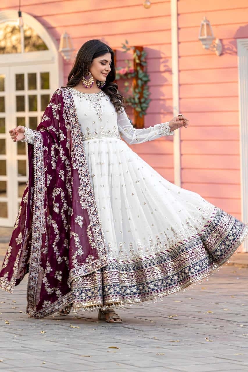 "Luxurious Embroidered Faux Georgette Gown Set with Dupatta & Bottom – Sequins & Tassels Detail "