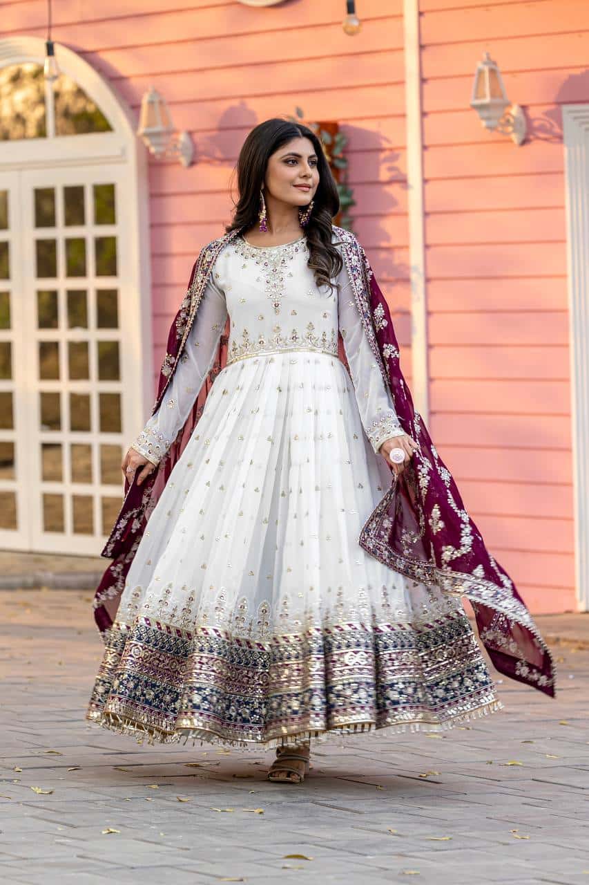 "Luxurious Embroidered Faux Georgette Gown Set with Dupatta & Bottom – Sequins & Tassels Detail "