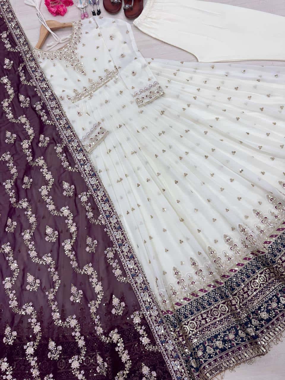 "Luxurious Embroidered Faux Georgette Gown Set with Dupatta & Bottom – Sequins & Tassels Detail "