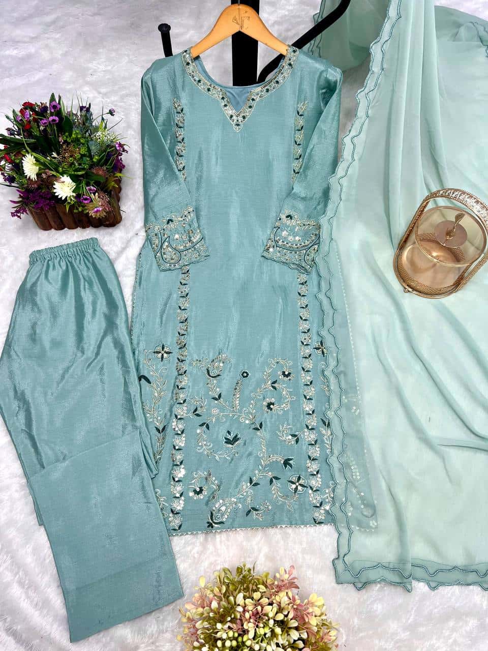 Pure Chinon Silk Kurta Pant with Dupatta