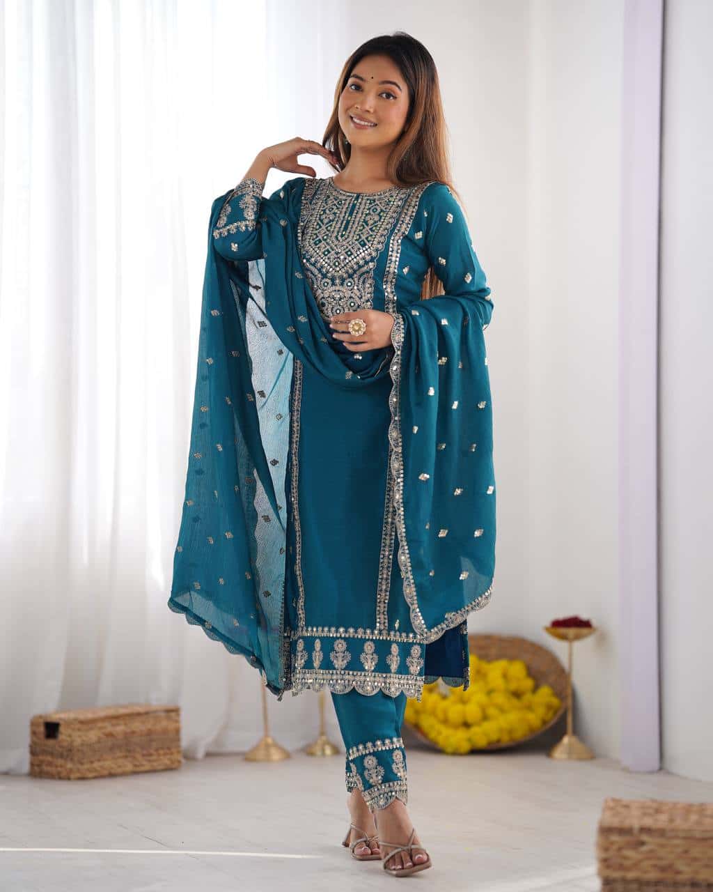 "Premium Chinnon Silk Designer Set with Intricate Mirror & Khatli Work"