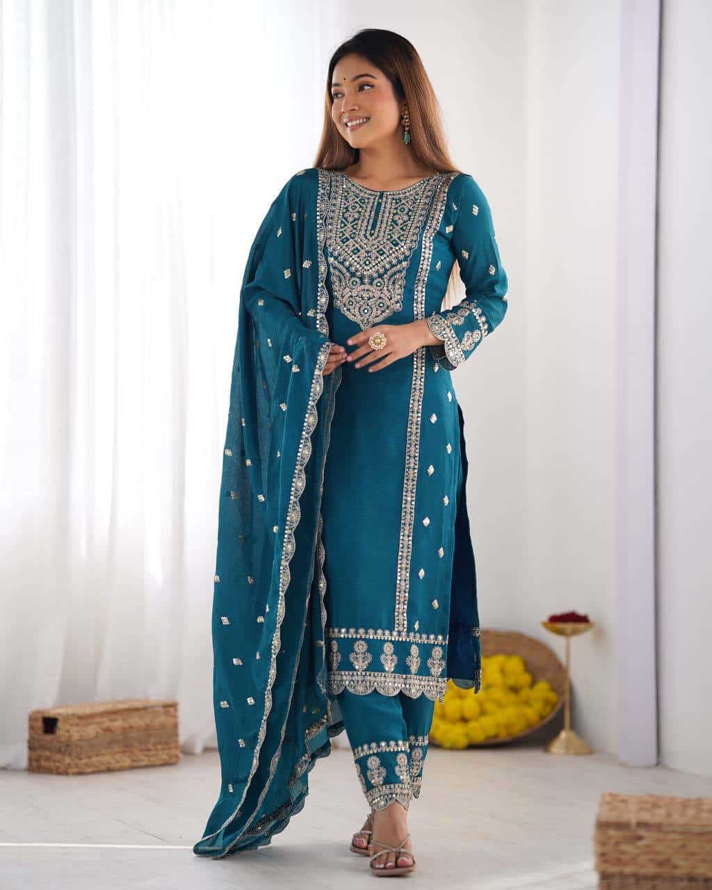 "Premium Chinnon Silk Designer Set with Intricate Mirror & Khatli Work"