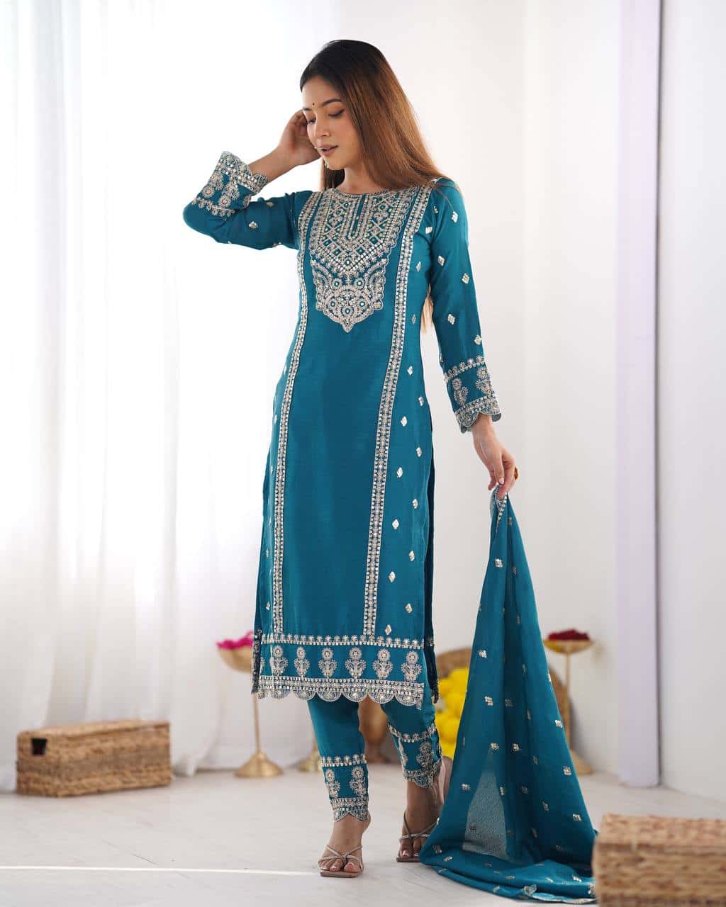 "Premium Chinnon Silk Designer Set with Intricate Mirror & Khatli Work"