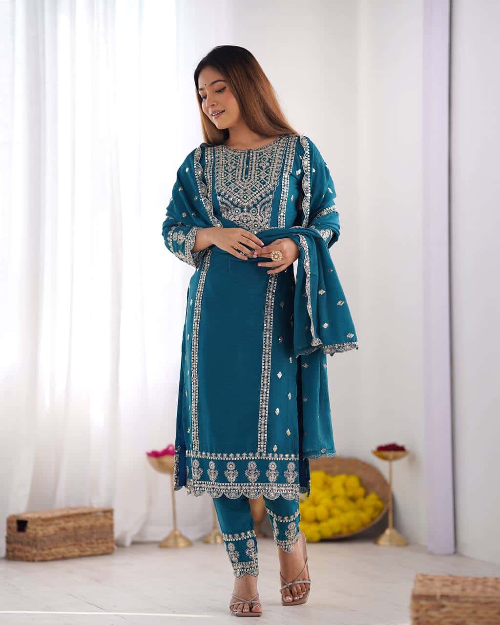 "Premium Chinnon Silk Designer Set with Intricate Mirror & Khatli Work"