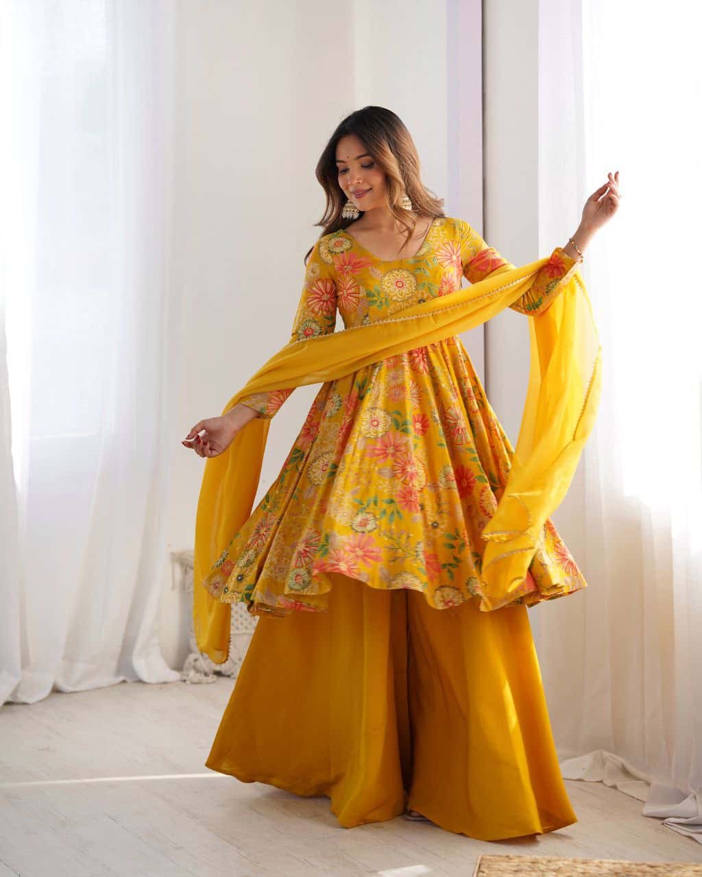 "Elegant Kediya Kurta Set with Pure Romansilk Chanderi Fabric, Fancy Lace Work Dupatta, and Fully Stitched Palazzo"