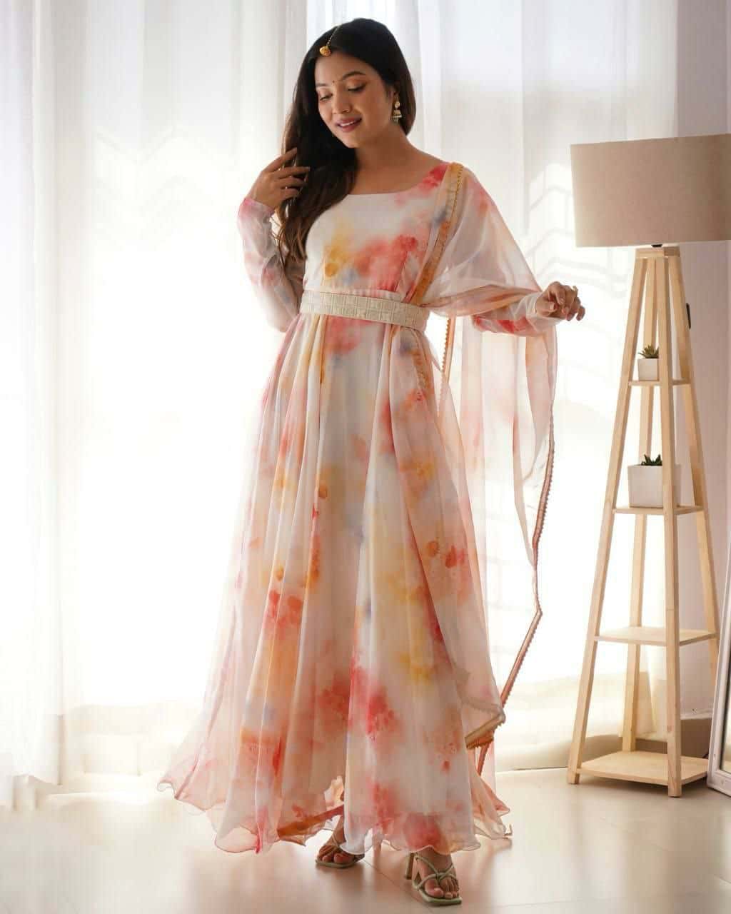 "Elegant Organza Taby Silk Gown with Digital Print & Handwork, 8 Meter Flair, and Embellished Dupatta"