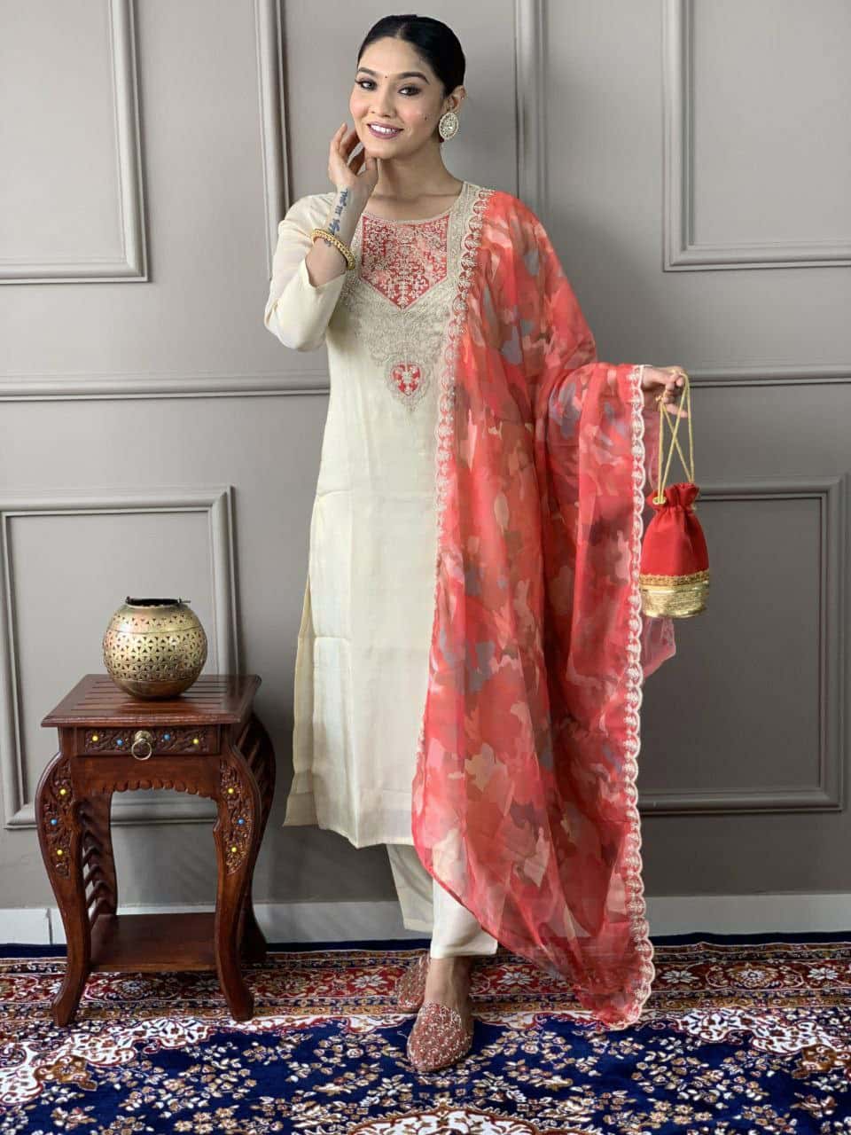 "Elegant PV Chanderi Set with Sequence Embroidery and Printed Silk Dupatta"