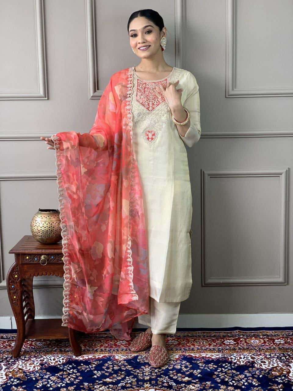 "Elegant PV Chanderi Set with Sequence Embroidery and Printed Silk Dupatta"