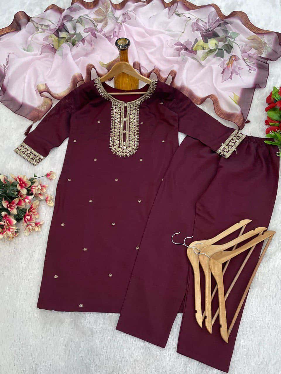 "Elegant Heavy Roman Embroidered Suit with Digital Print Duppatta – Available in 4 Colors"