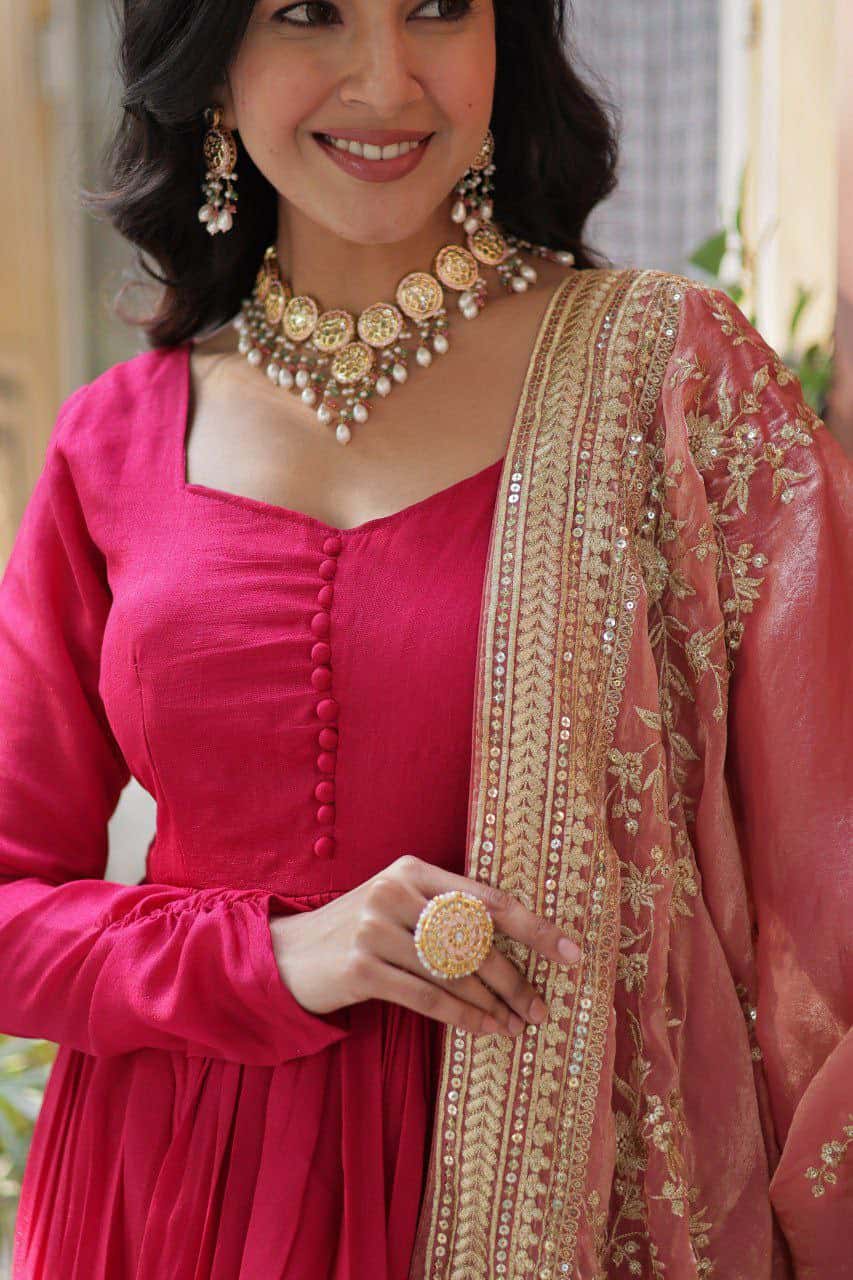 "Elegant Shimmer Vichitra Gown with Sequins Embroidery & Designer Dupatta"