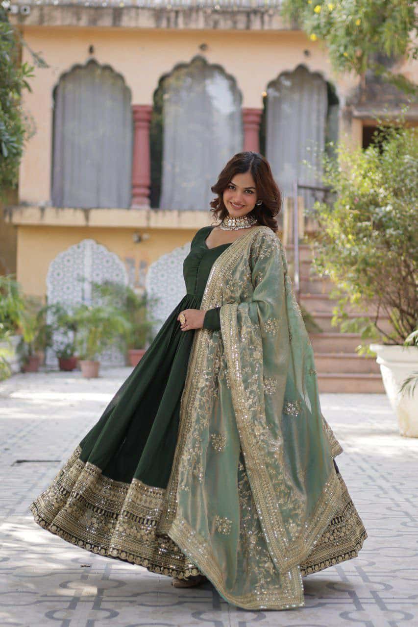 "Elegant Shimmer Vichitra Gown with Sequins Embroidery & Designer Dupatta"