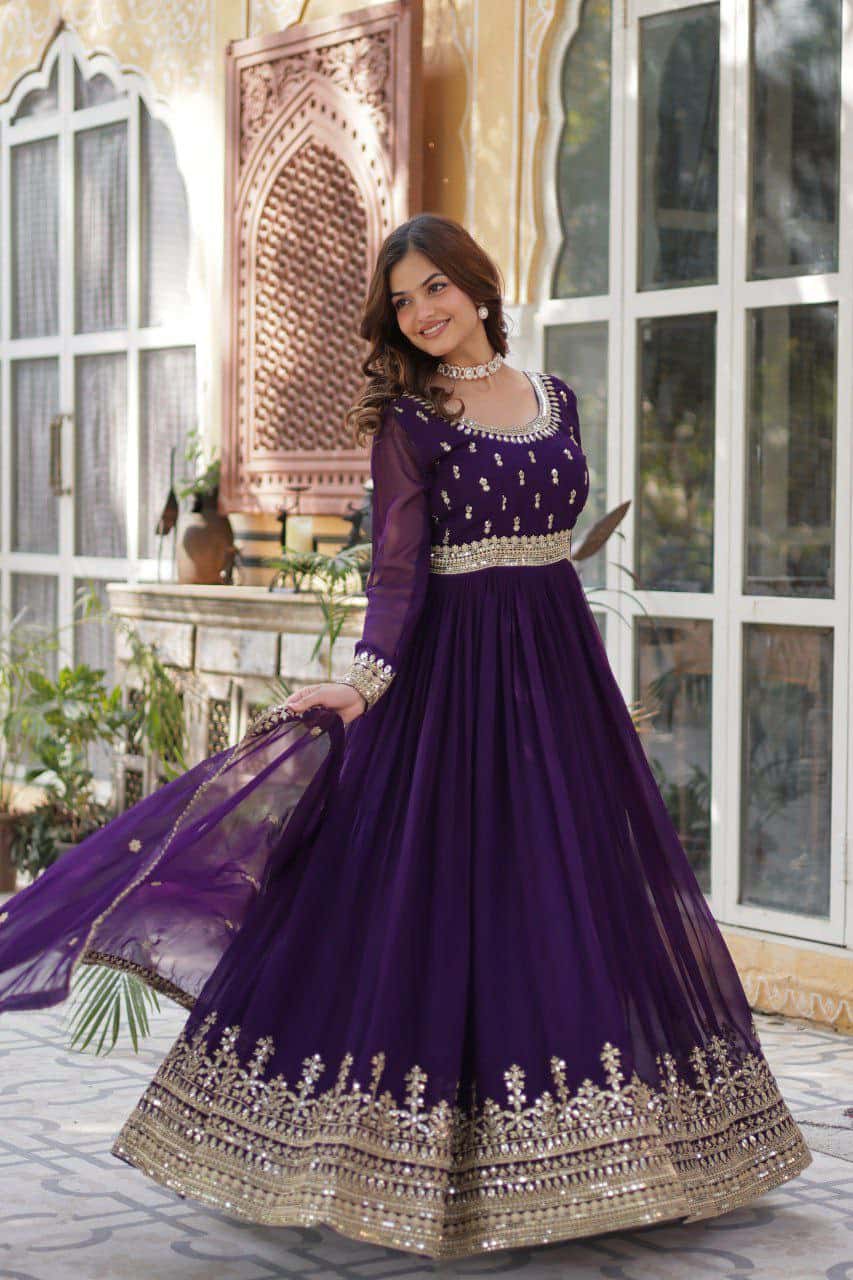 “Elegance Redefined: Faux Blooming Embroidered Gown with Sequins and Designer Dupatta”