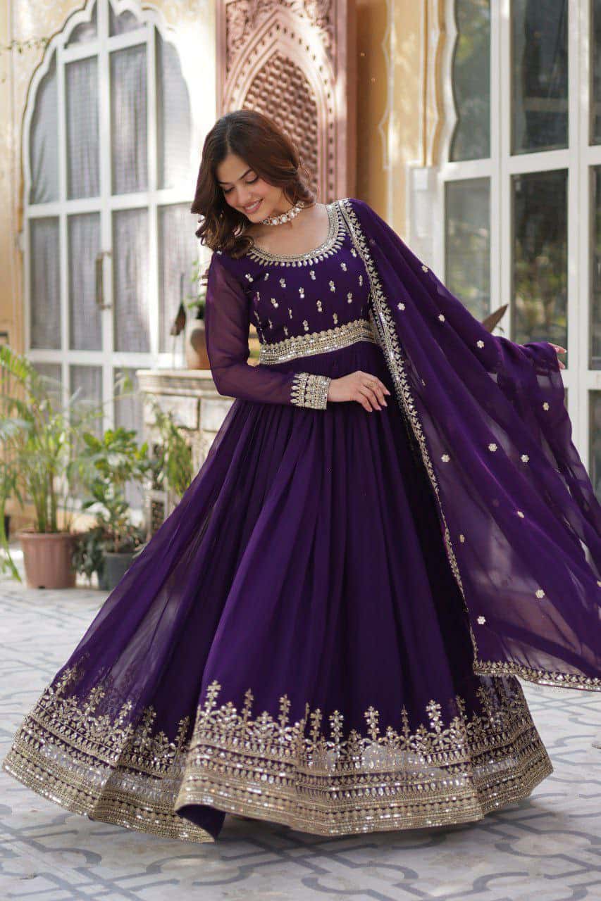 “Elegance Redefined: Faux Blooming Embroidered Gown with Sequins and Designer Dupatta”