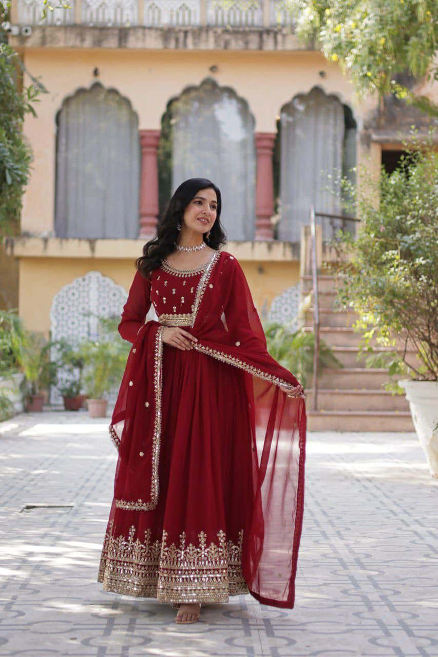 “Elegance Redefined: Faux Blooming Embroidered Gown with Sequins and Designer Dupatta”