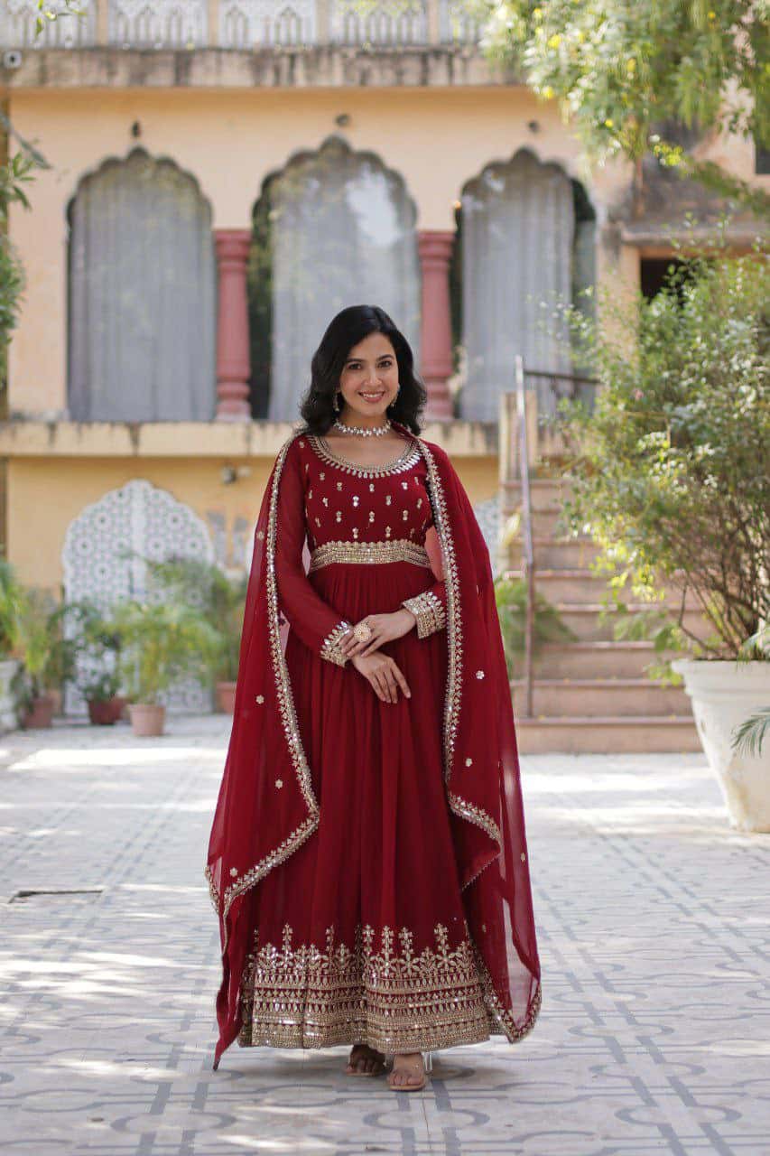 “Elegance Redefined: Faux Blooming Embroidered Gown with Sequins and Designer Dupatta”