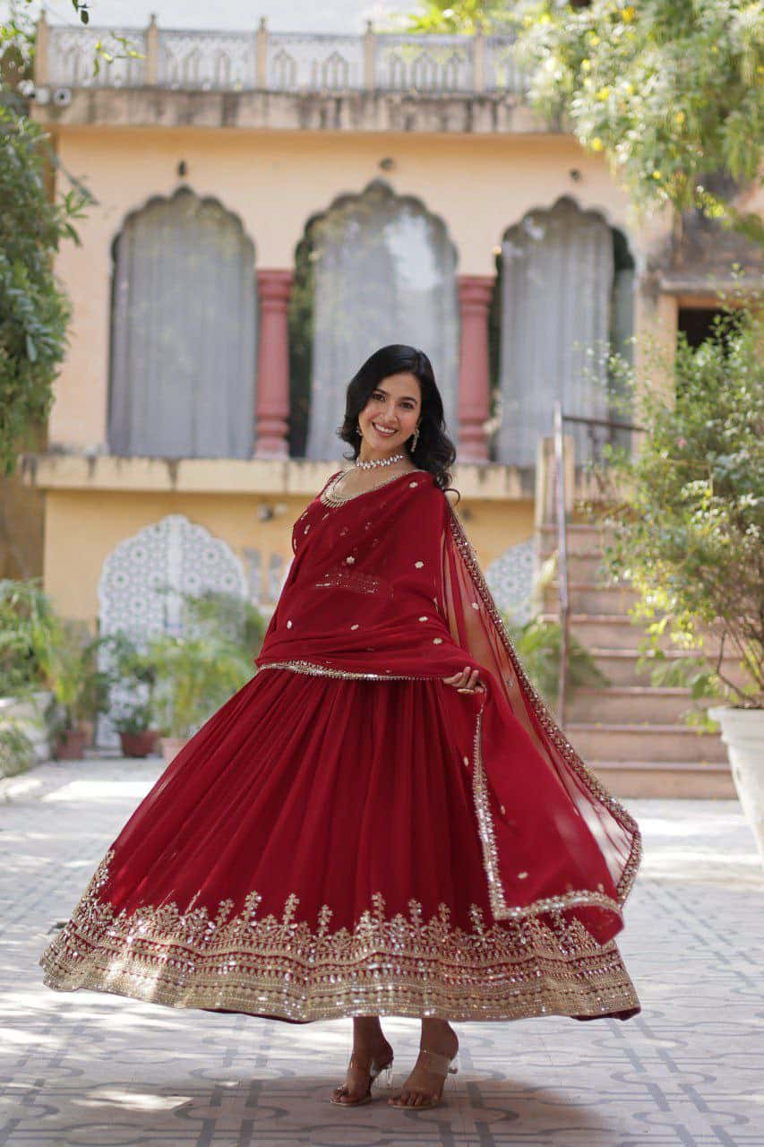 “Elegance Redefined: Faux Blooming Embroidered Gown with Sequins and Designer Dupatta”