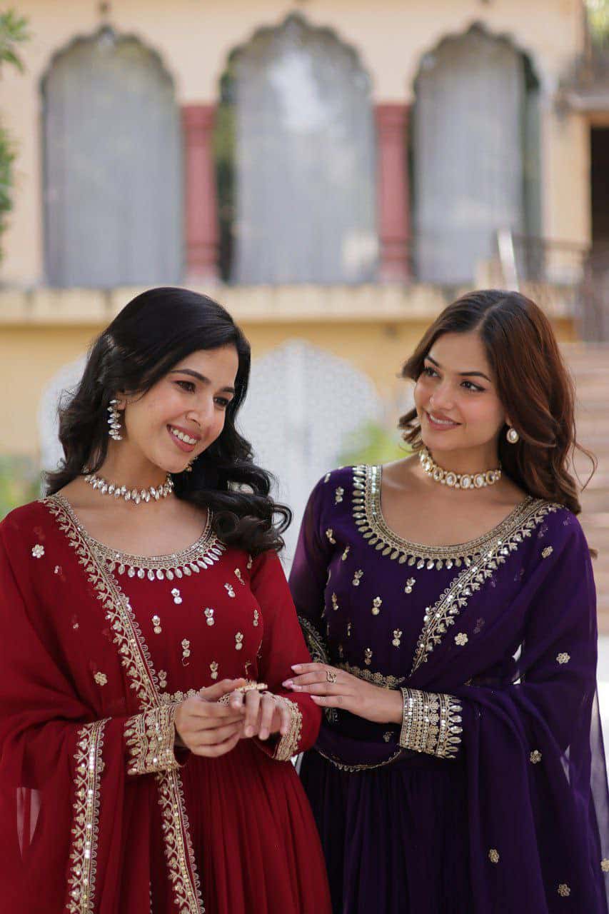 “Elegance Redefined: Faux Blooming Embroidered Gown with Sequins and Designer Dupatta”