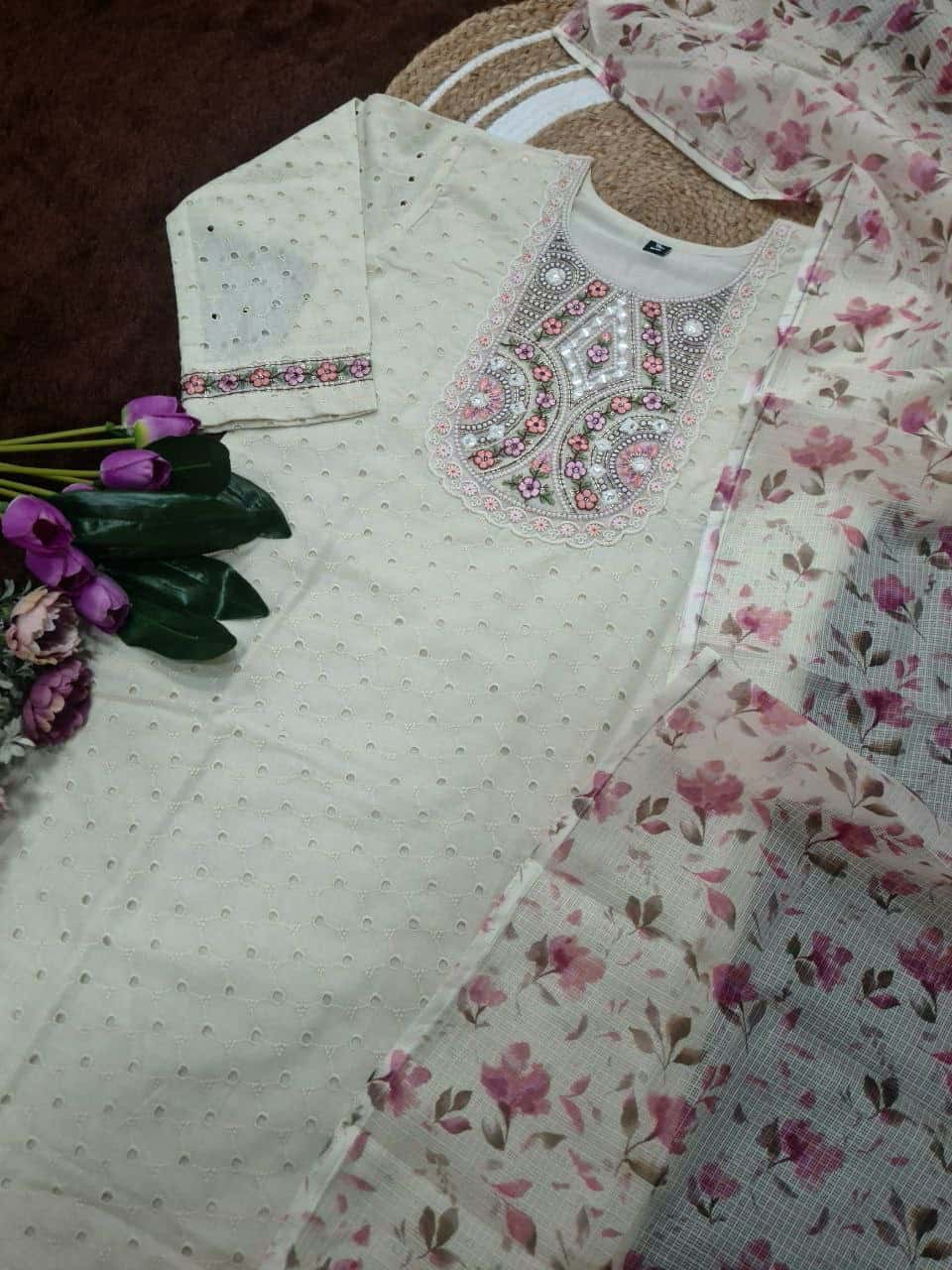 "Elegant Schiffli Cotton Kurti Set with Sequence Embroidery, Viscose Chanderi Bottom & Kota Chex Dupatta"