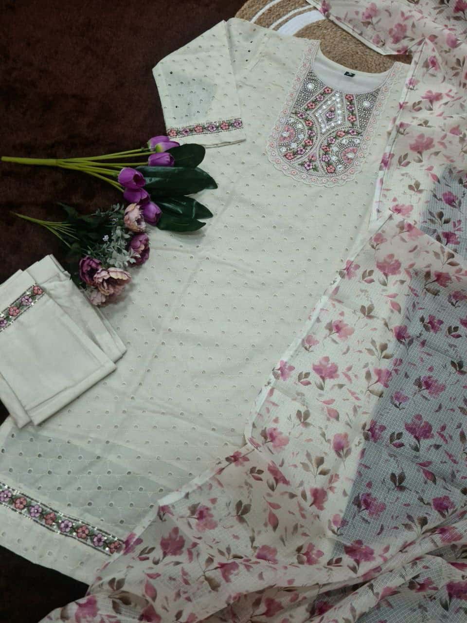 "Elegant Schiffli Cotton Kurti Set with Sequence Embroidery, Viscose Chanderi Bottom & Kota Chex Dupatta"