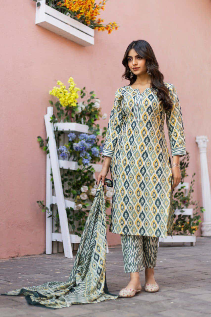"Elegant Pista Green Cotton Printed V-Neck Kurti with Divider Plaza & Mal Cotton Dupatta"