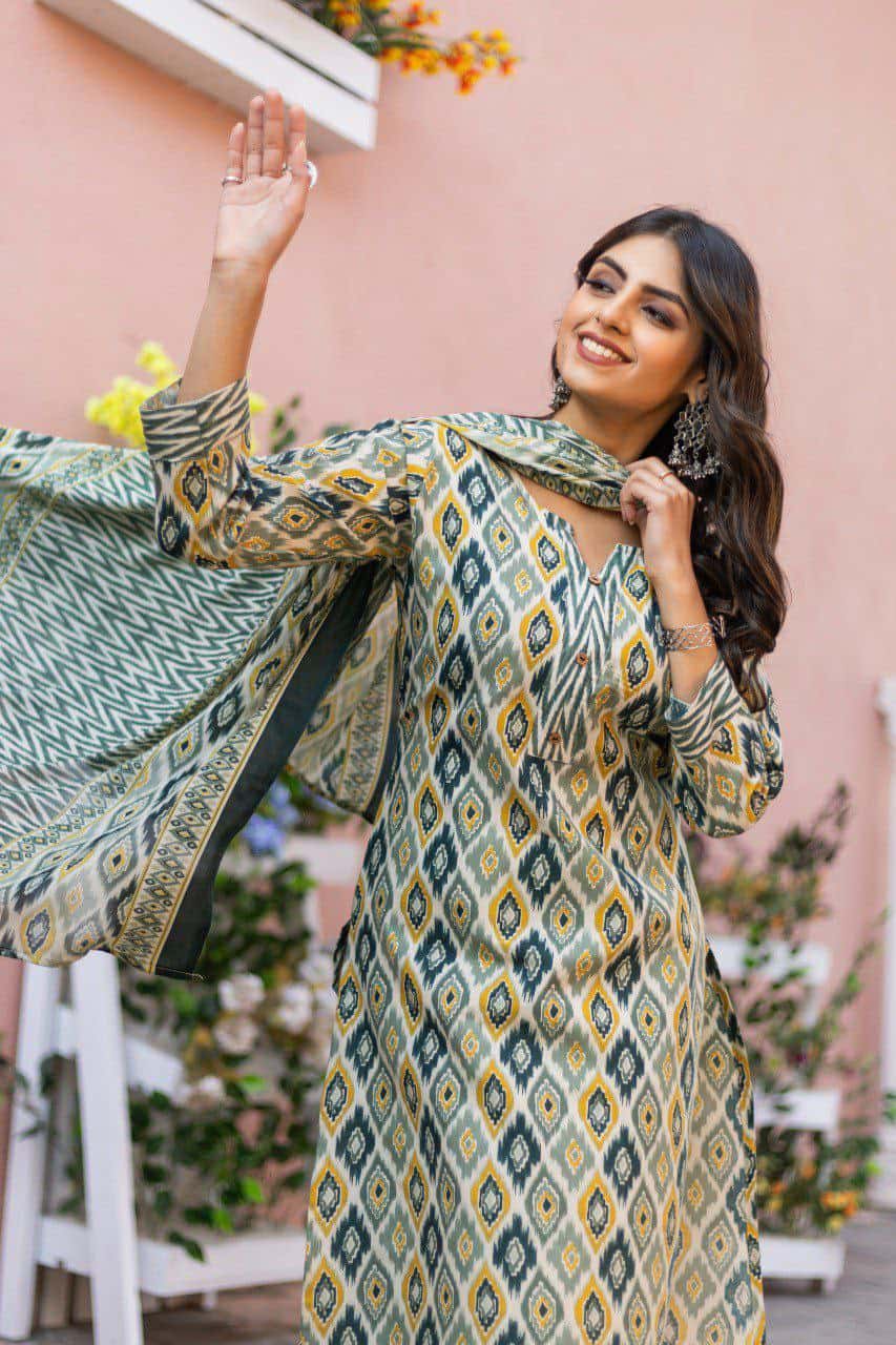 "Elegant Pista Green Cotton Printed V-Neck Kurti with Divider Plaza & Mal Cotton Dupatta"