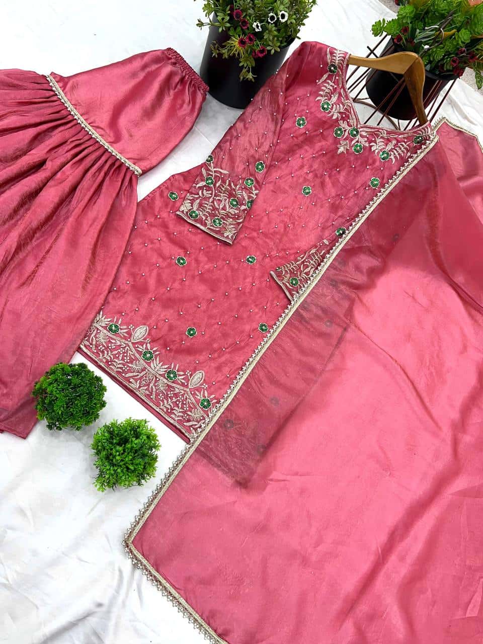 "Opulent Gold Crush Embroidered Top & Plazzo Set with Beads and Lace Dupatta"
